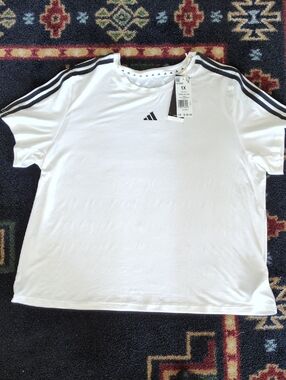 adidas White Tee with Black Shoulder Stripes